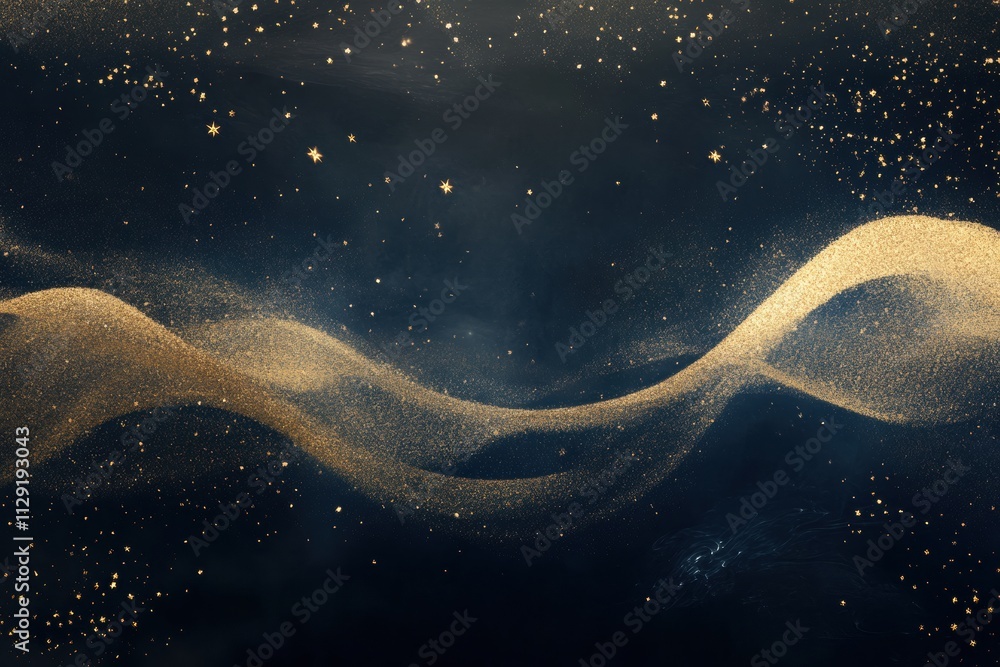 Poster a swirling golden glitter wave floats across a dark background, providing generous space for adding 