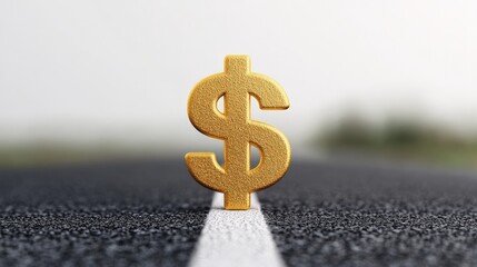 Golden Dollar on the Road to Success: A symbolic image of a gold dollar sign standing on a white road line, suggesting financial prosperity and the journey towards wealth.