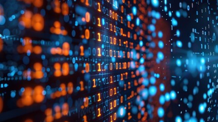 Obraz premium Orange and blue binary code streams are flowing on a dark background, creating a visual representation of big data and information technology