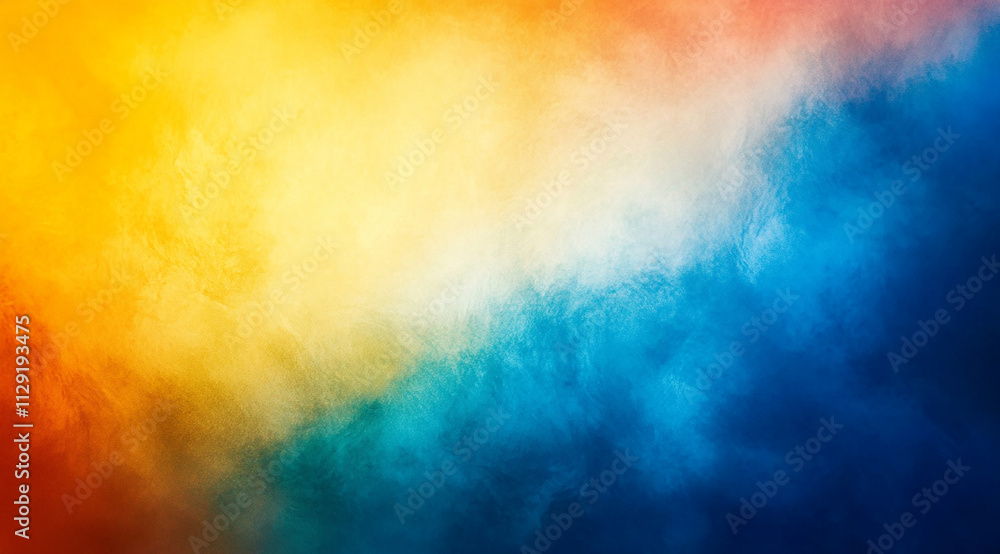 Poster a gradient background with an orange, blue, and red color scheme. the left side is dark black. in th