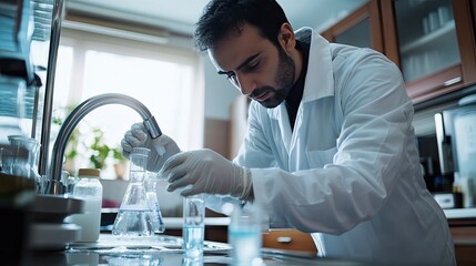 A man takes a water sample in the kitchen. Selective focus.