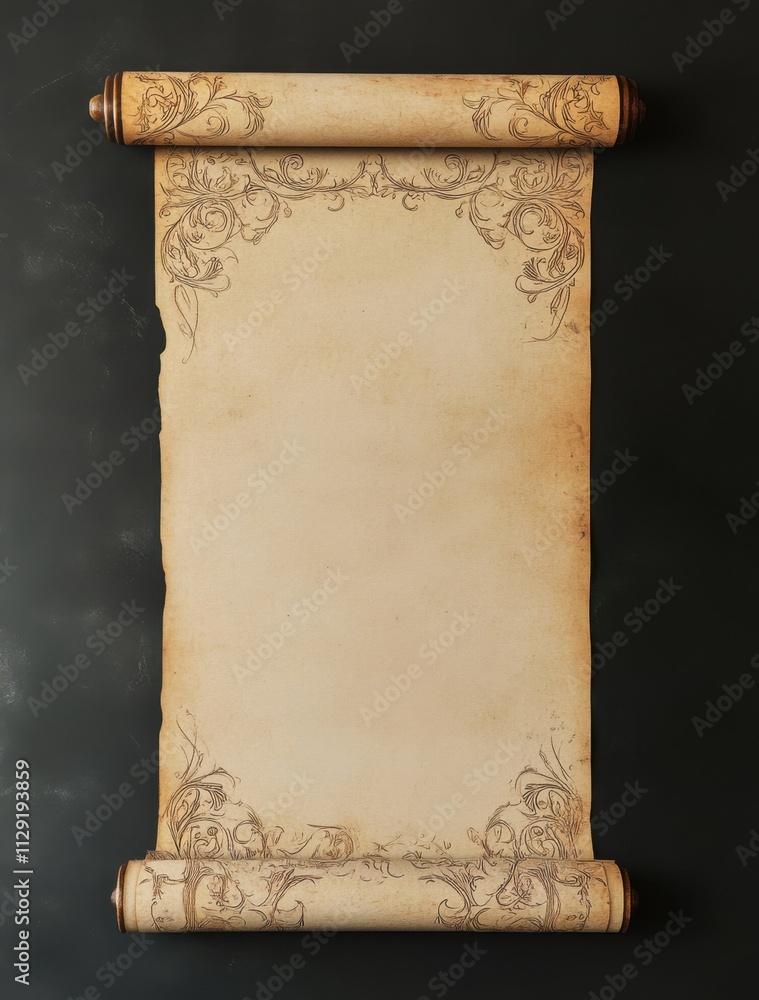 Poster old, vintage blank scroll with decorative borders on a dark background, top view