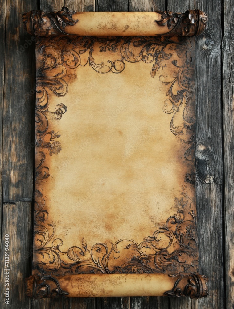 Poster an old, blank parchment scroll on an aged wooden wall background with ornate floral patterns.
