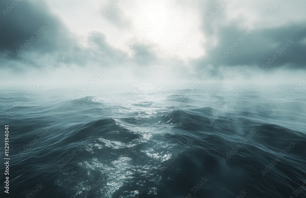Poster endless ocean with dark, foggy skies above, creating an eerie and mysterious atmosphere.