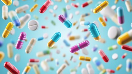 Multi-colored pills and capsules of drugs flying in all directions