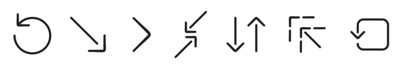 linear arrows icon pack. vector thin line right arrow, minimize, turn right, diagonal arrow, up and down arrows, left and right arrows, log in, refresh arrow icons suitable for apps and websites ui