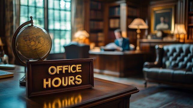 Professor - Sign that reads “OFFICE HOURS” - teacher - university -college - education - tutoring tutor - help - bookshelf - desk