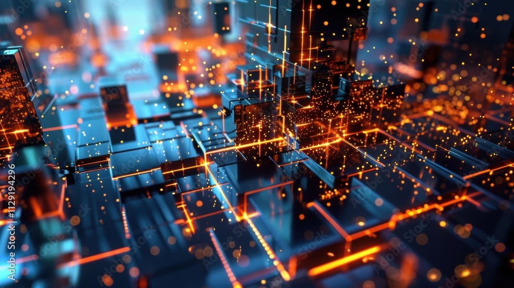 Poster complex network of interconnected cubes representing data processing and transfer in a futuristic se