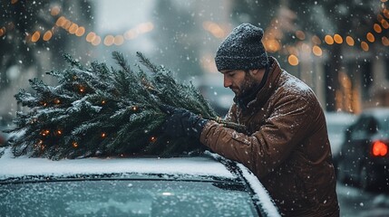 Braving the Snow: A Man Safely Transporting His Festive Tree Through Winter Streets.