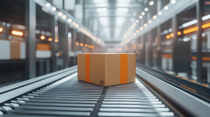 Cardboard box on automated conveyor belt in modern warehouse with industrial lighting
