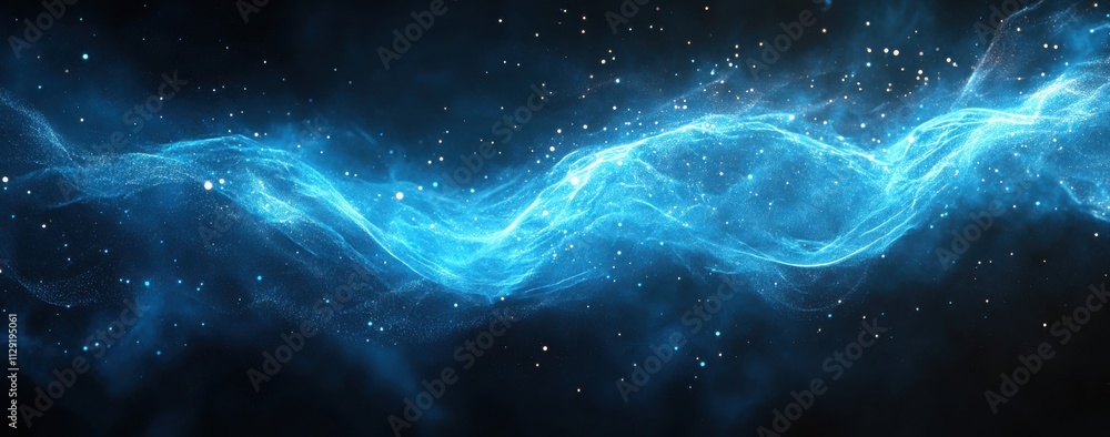 Poster ethereal blue stream of light flowing through a cosmic space with twinkling stars and shimmering par