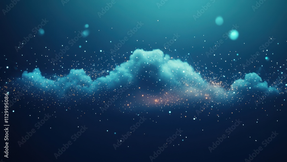 Poster ethereal cloud formation with soft blue light and sparkling particles in a mystical atmosphere, crea