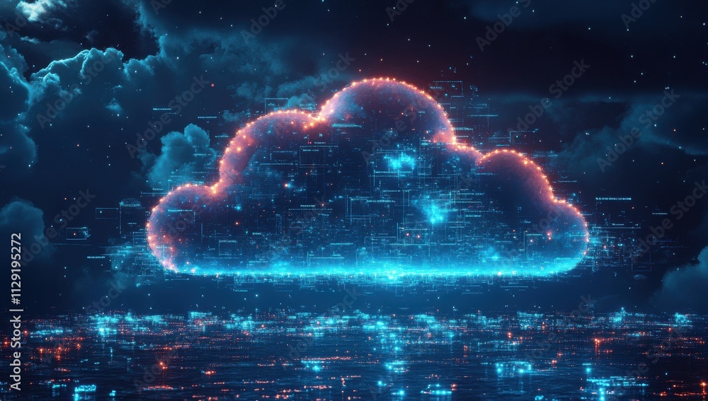 Poster ethereal cloud with glowing digital data streams illuminating the night sky, representing future tec