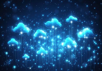 Ethereal Clouds with Shimmering Particles on a Dark Background, Symbolizing Data Transfer and Digital Connectivity in a Futuristic Atmosphere