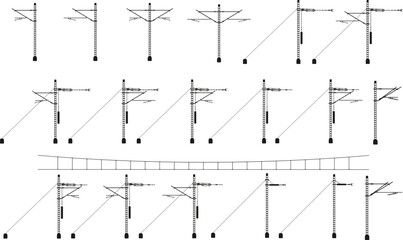 Train OHE Pole Network Set,  black and white rail poles illustration, different railway OHE electric poles vector on white background