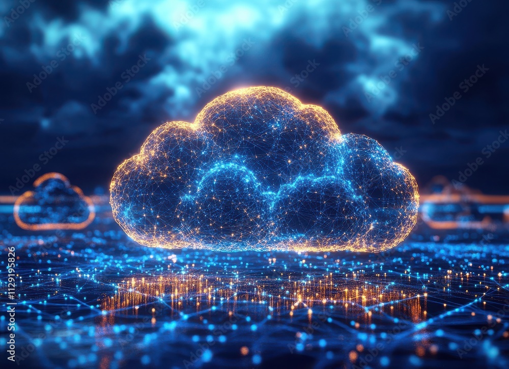 Poster expansive digital cloud network with glowing lights and connected nodes representing cloud computing