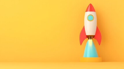 Ready for Launch: A vibrant, cartoon-style rocket poised for takeoff against a sunny yellow backdrop.  Perfect for illustrating concepts of innovation, startups, and rapid growth. 