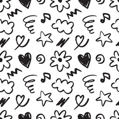 Doodle hand drawn seamless pattern background. Cute stuffs outline. Flower, cloud, music and heart