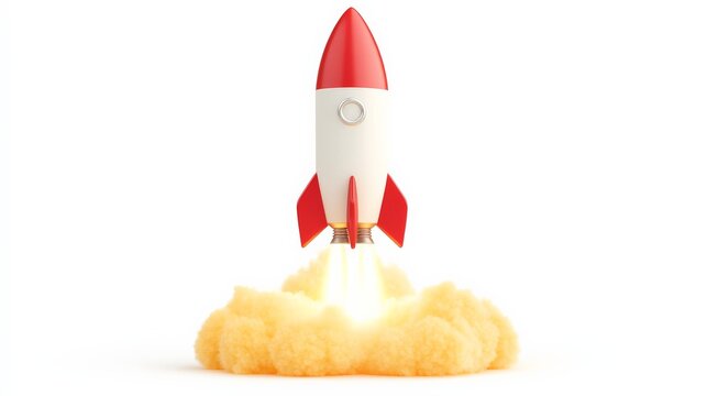 Red Rocket Launch: A vibrant red and white rocket bursts into action, leaving a trail of fiery orange smoke as it blasts off towards the unknown. This 3D illustration symbolizes ambition, innovation.