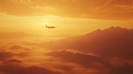 Obraz premium Airplane flying in the morning sky at sunrise. Landscape with passenger plane above mountains and hills in fog, orange sky. Airplane landing. Business. Aerial view. Transport. Private jet