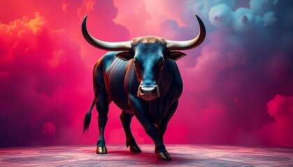 A powerful dark bull stands majestically against a vibrant pink and blue clouded sky. Symbol of strength and resilience.