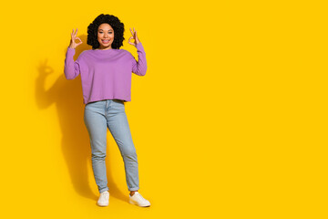 Full body portrait of pretty young girl show okey symbol empty space isolated on yellow color background