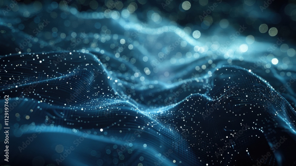 Poster abstract blue digital wave representing big data flowing in cyberspace with glowing particles and bo