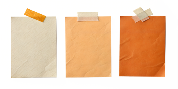 A set of three crumpled paper sheets in beige and orange tones, attached with adhesive tape on a transparent background. Ideal for design projects, scrapbooking, or presentations.