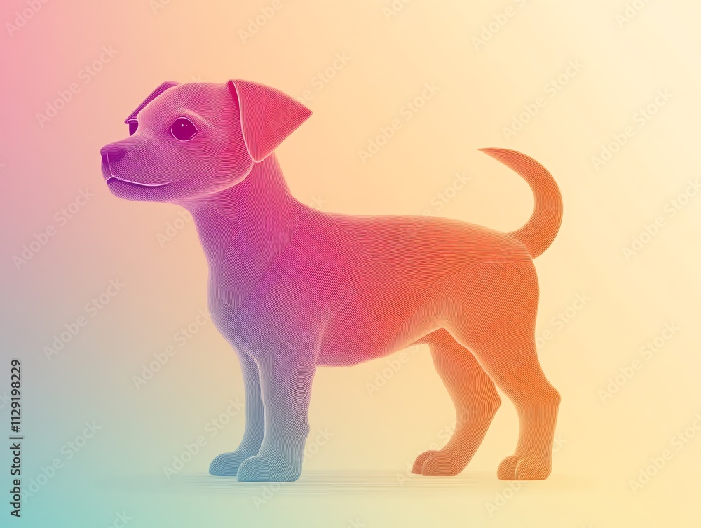 Poster a stylized, colorful 3d rendering of a dog in a playful pose against a gradient background.