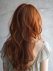 Back view of a woman with long, wavy auburn hair