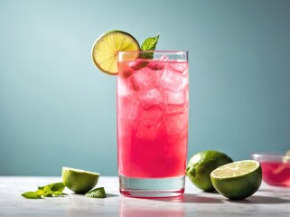 A tall, clear glass filled with vibrant pink agua fresca, with a few ice cubes floating inside.