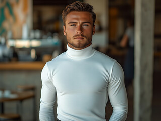 Fototapeta premium A white man standing confidently, wearing a plain white turtleneck shirt and long black pants