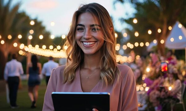 A close-up of a smiling event planner reviewing her tablet while overseeing final touches on a luxurious outdoor wedding reception, set against a vibrant sunset backdrop