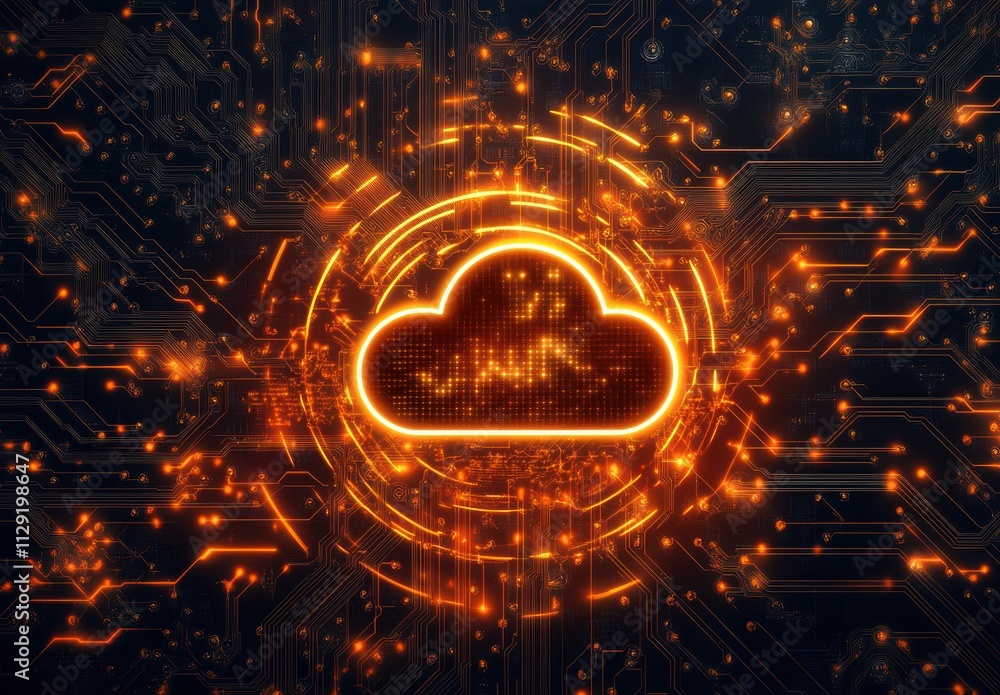 Poster futuristic abstract cloud icon with glowing circuitry and data connections, representing cloud techn