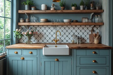Rustic kitchen with blue cabinets, wood countertops, and hexagon tile backsplash. (1)