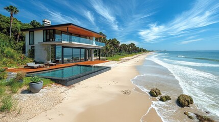 Obraz premium A modern glass-walled house perched on a sandy beachfront, reflecting the shimmering ocean and surrounded by potted palms, with wispy blue clouds drifting across the sky