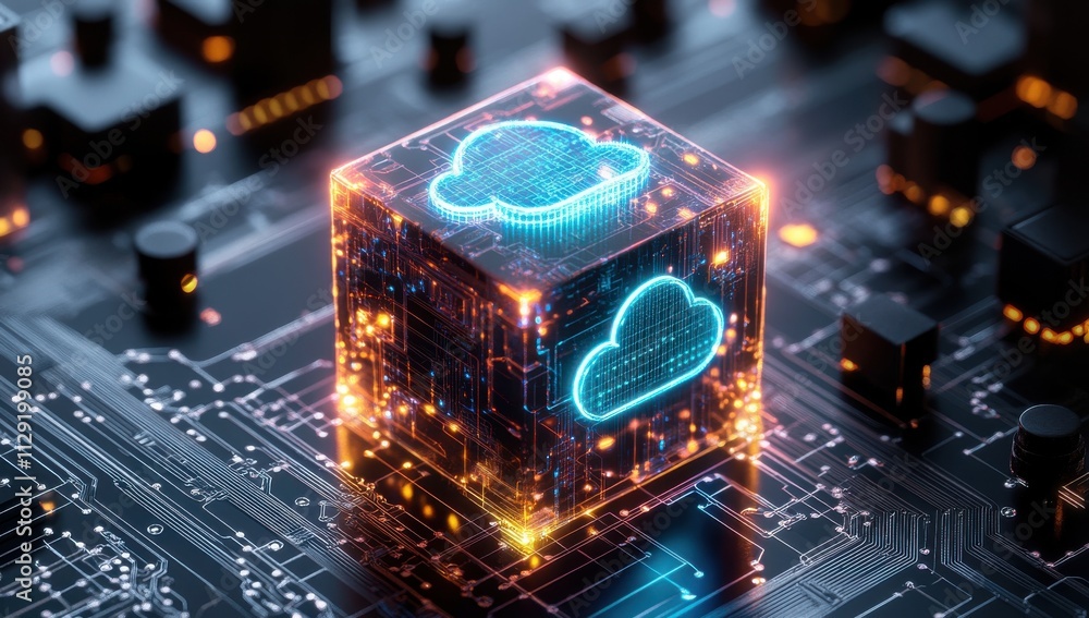 Poster futuristic cloud computing concept featuring glowing cloud symbols on a circuit board background rep