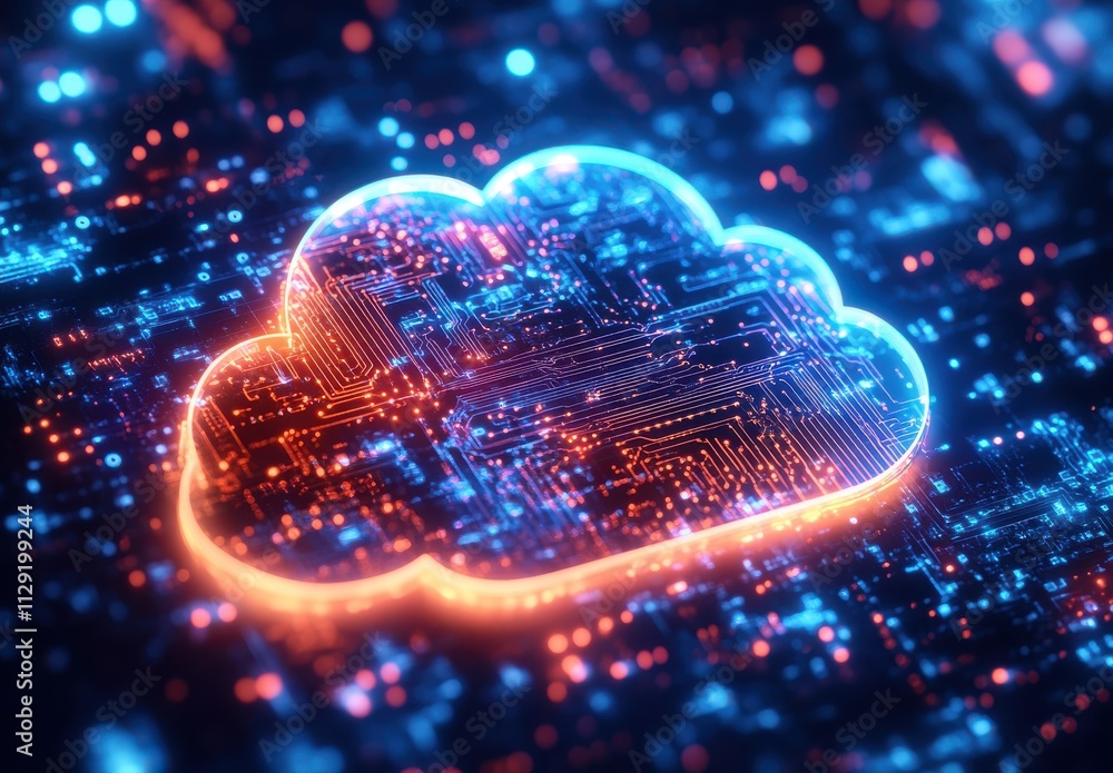 Poster futuristic cloud computing concept with digital circuit impressions depicting data storage, technolo