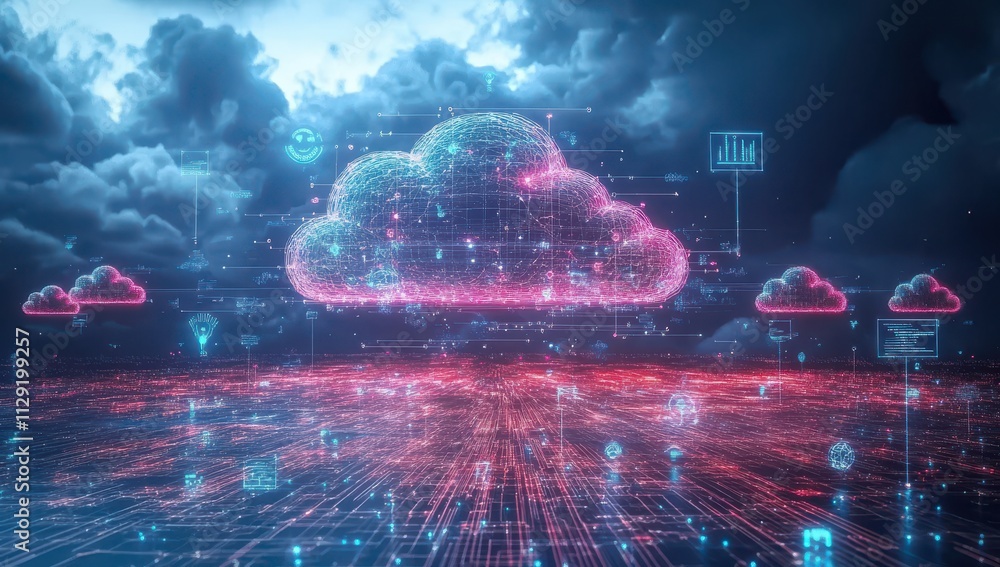 Poster futuristic cloud computing concept representing data storage, network connectivity, and digital tran