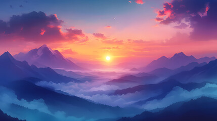 Obraz premium Mountain Sunrise Landscape with Fog in Valley and Colorful Sky