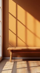 Fototapeta premium Wooden bench bathed in warm, golden sunshine casting intricate shadows on a vibrant orange wall, creating a peaceful and relaxing atmosphere in a minimalist interior setting.