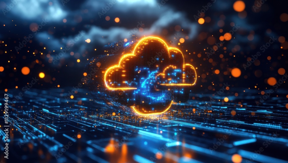 Poster futuristic cloud computing concept with glowing neon cloud surrounded by digital data streams, repre