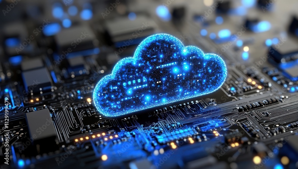 Poster futuristic cloud computing concept with glowing blue elements over a circuit board background for di
