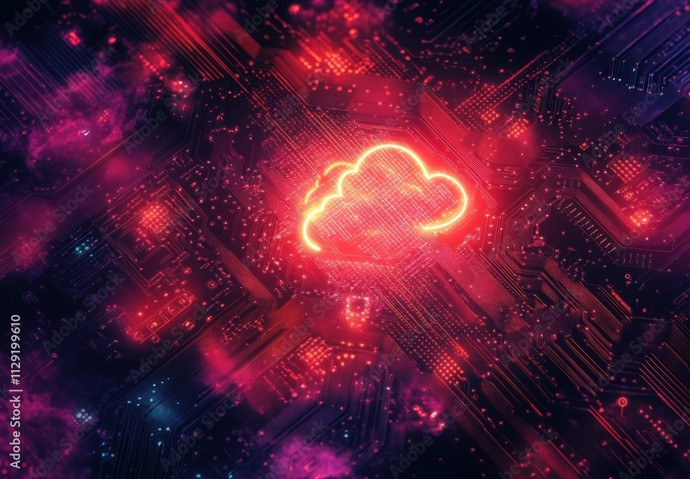 Poster futuristic cloud computing concept with glowing neon cloud icon surrounded by technological circuitr