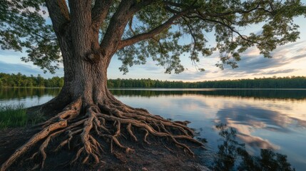 majestic tree with exposed roots by a tranquil lake