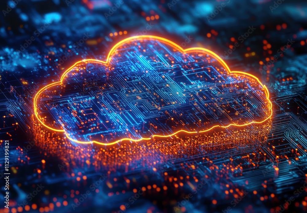 Poster futuristic cloud computing concept with neon glow over circuit board, digital connections and data i