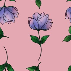 Seamless Pattern of Purple Flowers Line with Leaves on Pastel Pink Background