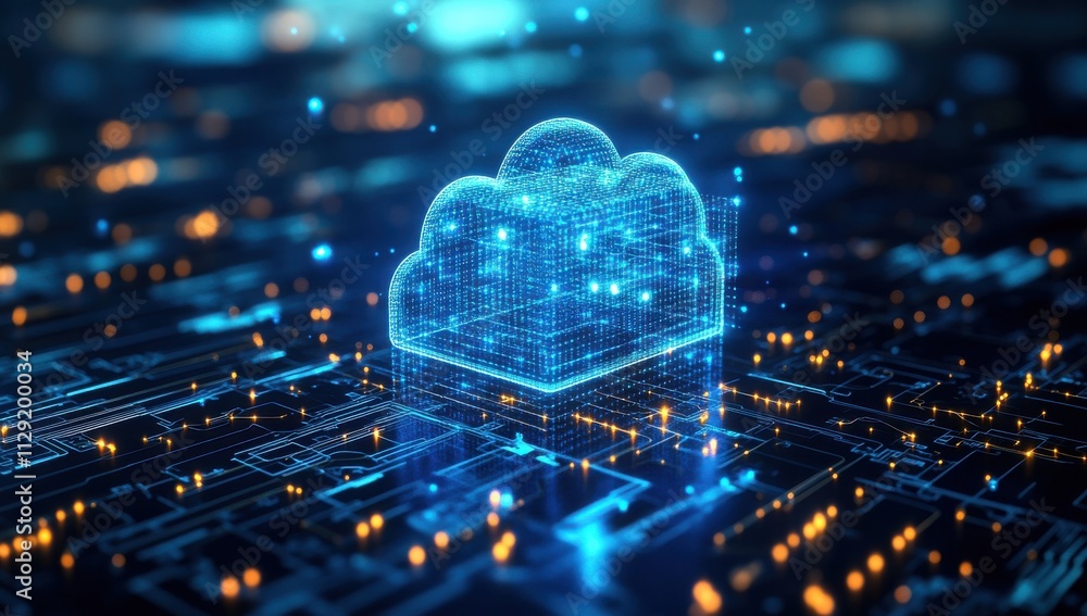 Poster futuristic cloud storage representation on a digital circuit board with glowing lights and data visu