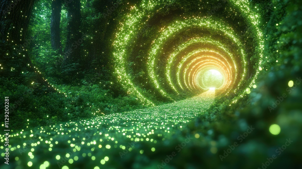 Poster mystical tunnel of light surrounded by lush greenery, creating an enchanting atmosphere.