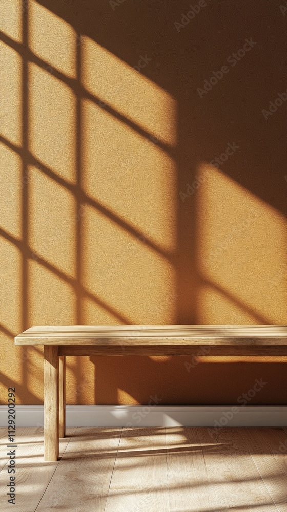 Poster sunlight filters through a grid window, casting geometric shadows onto a minimalistic wooden bench o